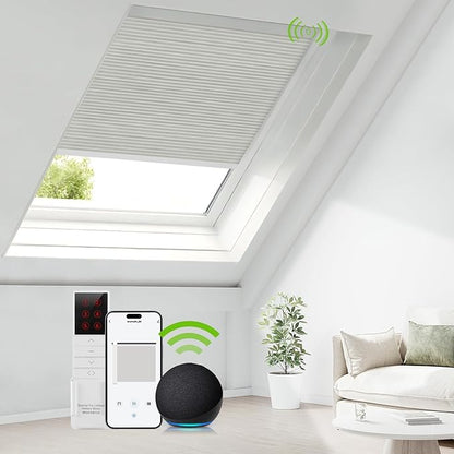 ZSTARR Motorized Skylight Shades Blackout Cellular Honeycomb Electric Blinds with Solar Panel Cordless Rechargeable with Remote for Roof and Slanted Windows Custom Size (BO Printed Milky Grey)