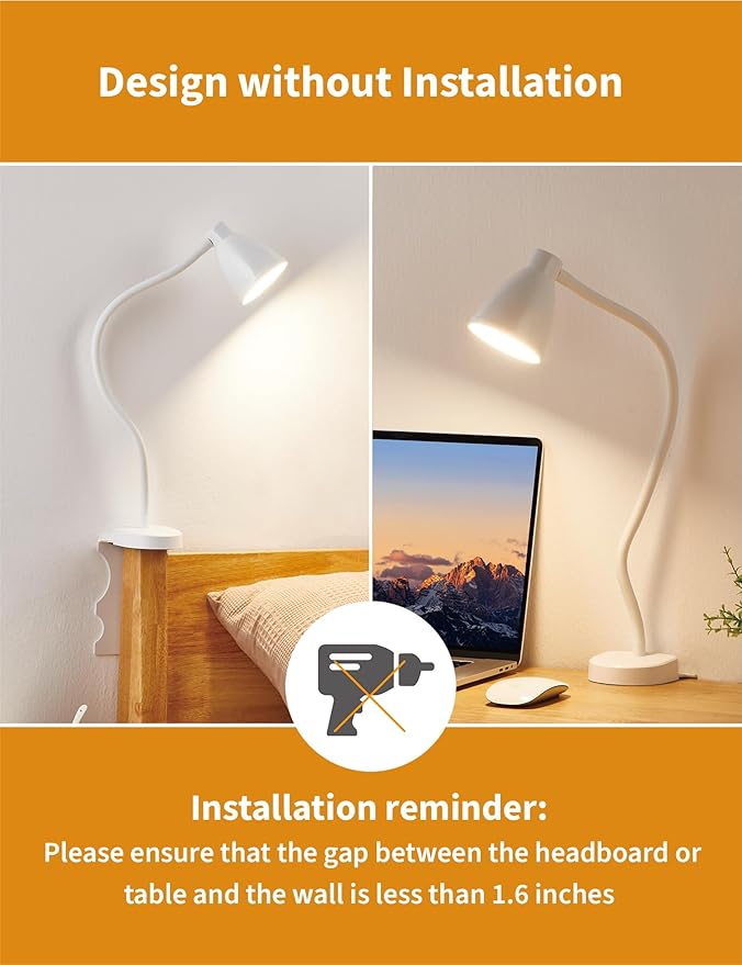 BOHON Reading Lights for Books in Bed, 5 Color 10 Brightness, Without Install Bedside Lamp, Half Hour Auto-Off Timer, Flexible Neck Wall Lamps for Bedroom Headboard Office Home (White)