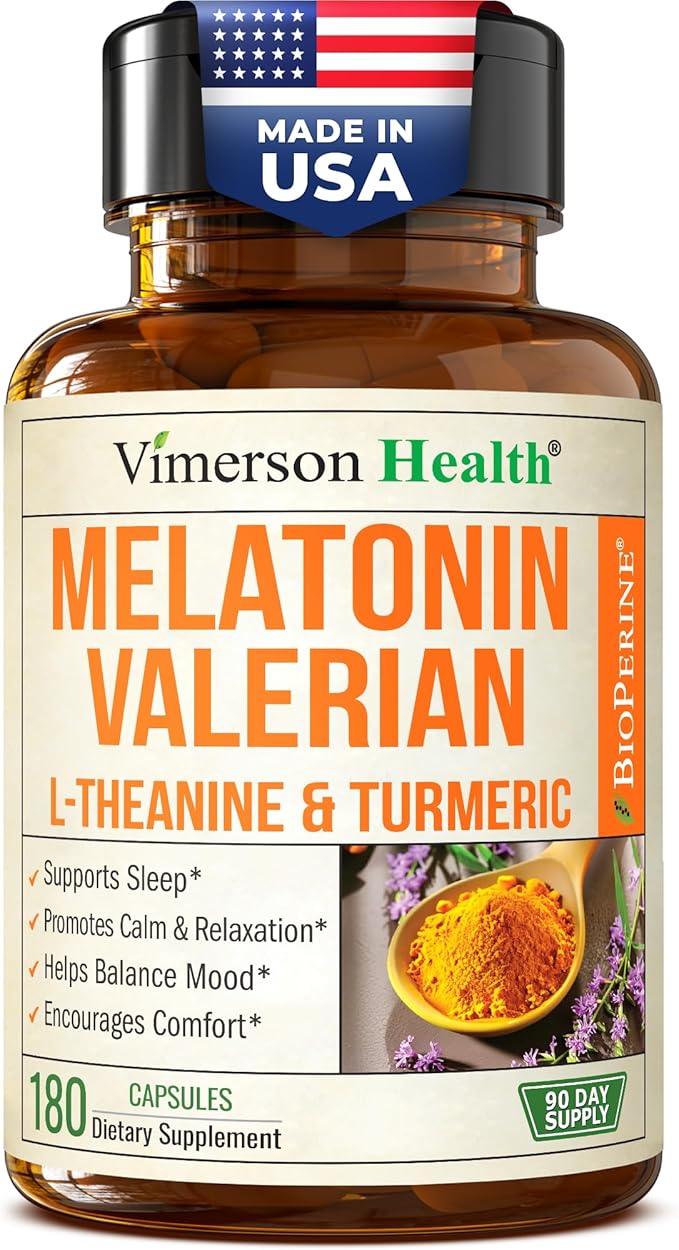 Melatonin 3mg Sleep Aid with L-Theanine & Valerian Root – Turmeric Curcumin Supplement with Ginger & Black Pepper – Organic Turmeric Supplement for Sleep, Calm and Stress Relief Support – 180 Capsules