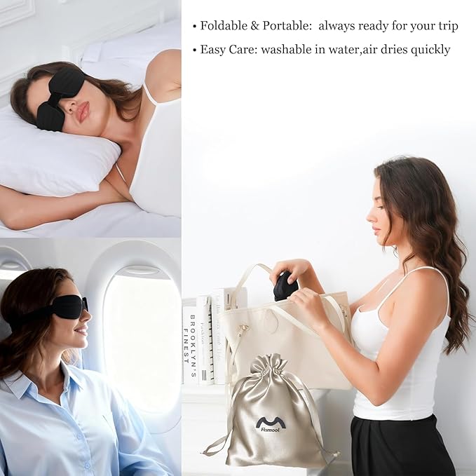 100% Blackout Sleep Eye Mask for Women Men, Zero Pressure Sleeping Mask - Sleeping Mask and Eyelash Friendly Night Blindfold, Adjustable Ultra Soft Comfortable for Dry Eye Mask (Black)