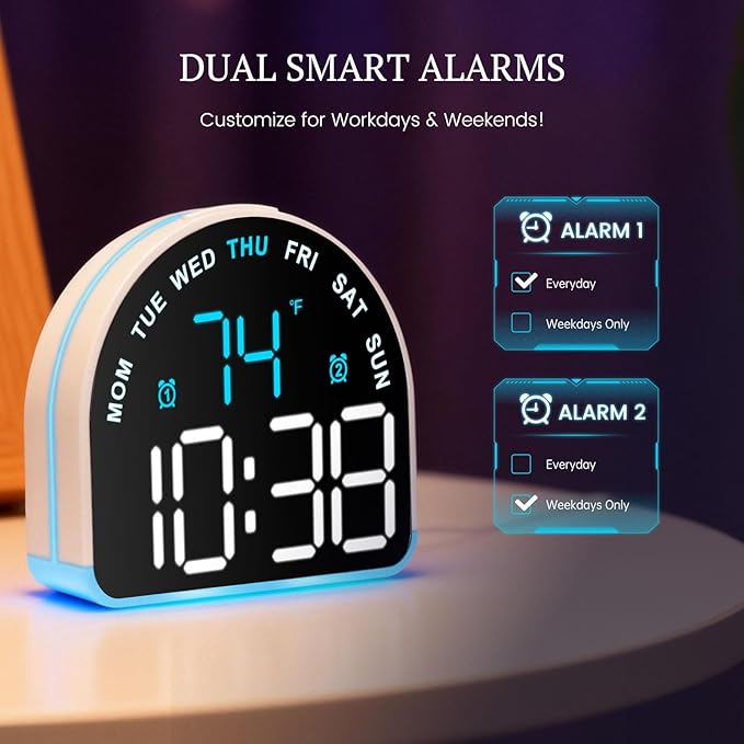 Heavy Sleeper Alarm Clock: Super Loud Alarm & Gentle Wake-Up Light for Adults, Kids, Teens | Digital Display with Time & Temperature | Adjustable Brightness & USB Charger | Compact Clock