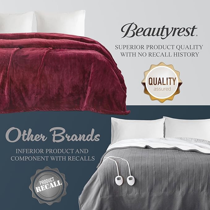 Beautyrest Heated Electric Blanket for Cold Weather, Fast Heating Heated Blanket, Auto Shut Off, Virtually Zero EMF, Multi Heat Setting, UL Certified, Red Twin (84 inx62 in)