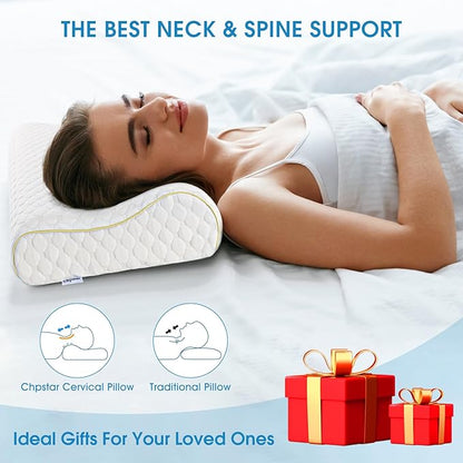 Memory Foam Pillows, Cervical Neck Side Sleeper Pillow, Bed Contour Pillow for Sleeping, Ergonomic Orthopedic Pillow for Back Stomach Sleeper, Queen,Gold