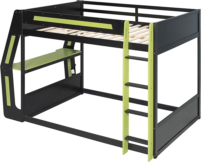 Gaming Bunk Bed Full Size with Desk & Charging Station & RGB Light Strip & Storage Shelves,Wooden Full Bunk Bed Frame with Safety Guardrails,Ladder and Under-Bed Space for Adults Teens Bedroom,Green