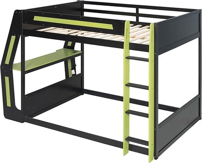 Gaming Bunk Bed Full Size with Desk & Charging Station & RGB Light Strip & Storage Shelves,Wooden Full Bunk Bed Frame with Safety Guardrails,Ladder and Under-Bed Space for Adults Teens Bedroom,Green