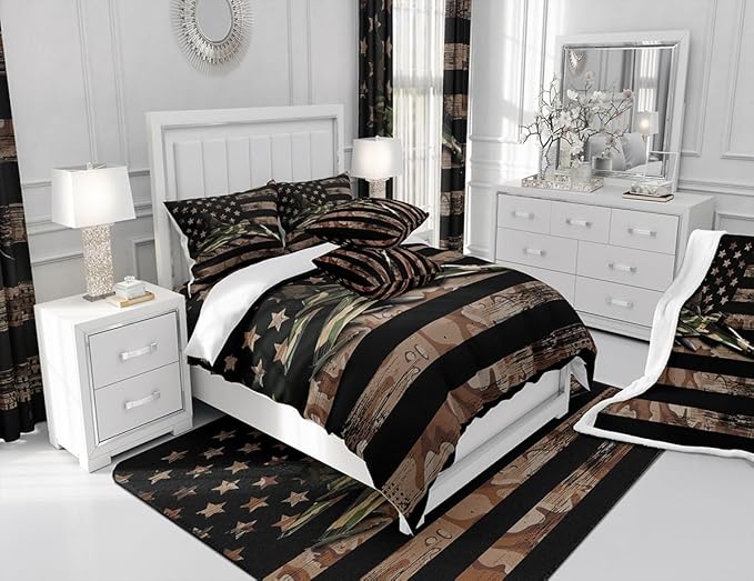 Manfei Airplane Sheet Set Full Size, Army Camouflage Aircraft Bedding Set for Kids Boys Adults, Brown Camo American Flag Bed Sheet Set 4pcs with Deep Pocket Fitted Sheet + Flat Sheet + 2 Pillowcases