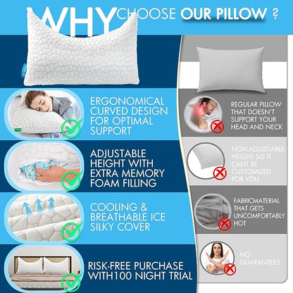 Cooling Pillow King Size 1 Pack, Adjustable Bed Pillows for Sleeping, Luxury Shredded Memory Foam Side Sleeper Pillow for Adults, King Size Firm Pillows for Side, Back Sleepers Neck Shoulder Pain