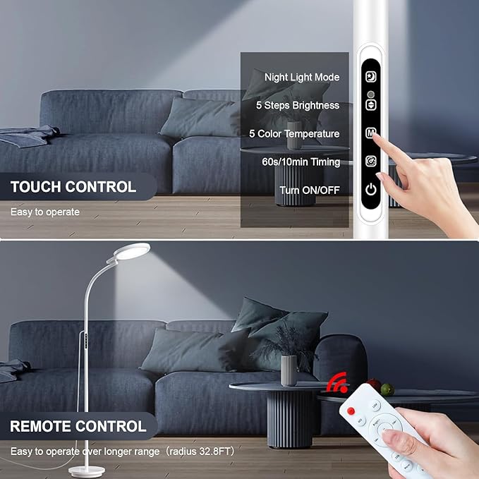 Light Therapy Lamp, LED Sunlight Lamp, 10000 Lux Full Spectrum Happy Therapy Lamp, Floor andDesklamp with 5 Brightness & 5 Color Temperatures, 3 Heights for Apartment/Office/Home