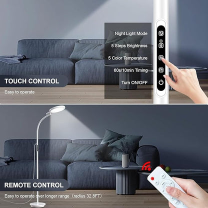 Light Therapy Lamp, LED Sunlight Lamp, 10000 Lux Full Spectrum Happy Therapy Lamp, Floor andDesklamp with 5 Brightness & 5 Color Temperatures, 3 Heights for Apartment/Office/Home