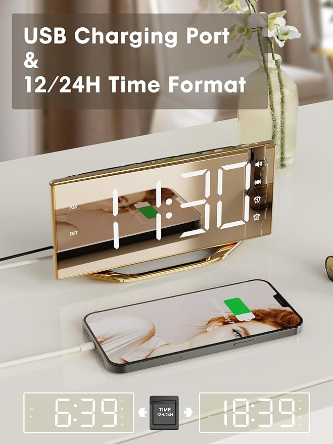 Loud Alarm Clock for Heavy Sleeper, 2 Alarms Big Display Clock with Bed Shaker for Hard of Hearing Deaf,Plug in Bedroom Mirror Clock,Phone Charger,Dimmer,Simple Digital Clock for Senior Adult Teen Kid