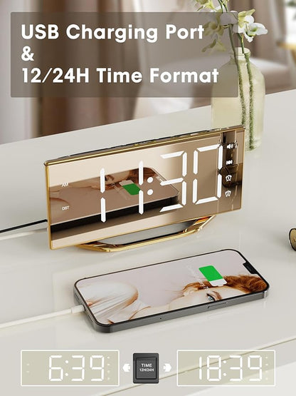 Loud Alarm Clock for Heavy Sleeper, 2 Alarms Big Display Clock with Bed Shaker for Hard of Hearing Deaf,Plug in Bedroom Mirror Clock,Phone Charger,Dimmer,Simple Digital Clock for Senior Adult Teen Kid