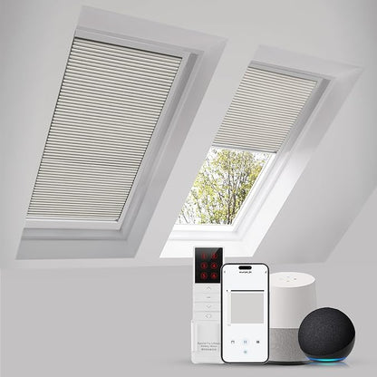 ZSTARR Motorized Skylight Shades Blackout Cellular Honeycomb Electric Blinds with Solar Panel Cordless Rechargeable with Remote for Roof and Slanted Windows Custom Size (LF Light Coffee)
