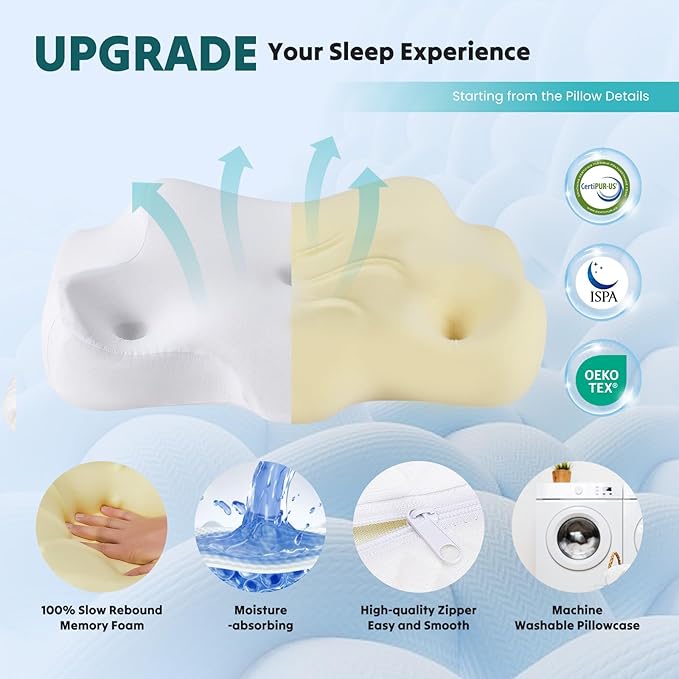 DUMOS Cervical Neck Pillow for Sleeping, Cooling Ergonomic Memory Foam Pillow with Arm Rest Slot and Ice Silk Pillowcase, Dual Height Orthopedic Support Contour for Side, Back, Stomach Sleepers
