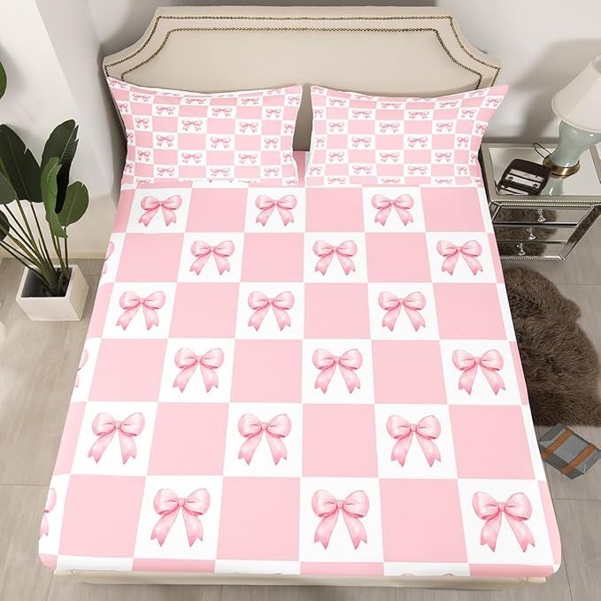 Manfei Princess Bowknots Bed Sheet Set 3 Pieces,Pink Bow-tie Dreamy Bow Girlish Microfiber Bedding Set Without Flat,Geometric Grids Plaids Patchwork Pink White Fitted Sheet,2 Pillow Cases,Full Size