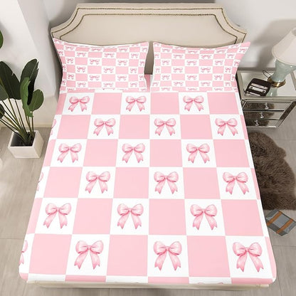 Princess Bowknots Bed Sheet Set Home Decor Pink Bow-tie Dreamy Bow Girlish Sheet Sets Deep Pocket,Geometric Grids Plaids Patchwork Pink White Mattress Cover,Twin Size with 1 Pillowcase