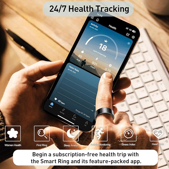 Smart Health Rings for Women Men, Fitness Tracker with Heart Rate, Blood Oxygen, HRV, Sleep Tracker, Step Tracker, No Subscription Fee, IP68 Waterproof Smart Ring for iphone & Android (Silver, 7)