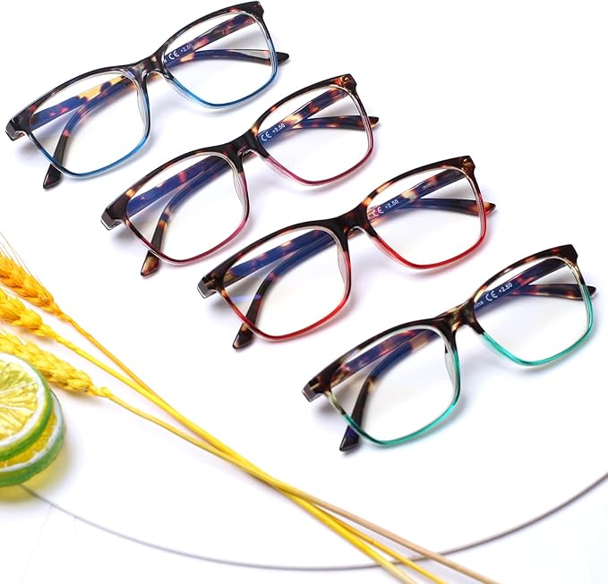 Henotin 4 Pack Ladies Reading Glasses Blue Light Blocking Spring Hinge Readers Anti Eyestrain Computer Eyeglasses (Multicolor, 4.0)