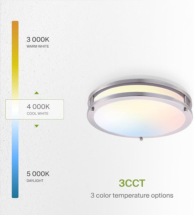 ASD LED 16" Round Flush Mount Lighting, Close to Ceiling Light Fixture | 3CCT, Dimmable, Energy Star, ETL Listed | 24W 2118LM 3000-5000K 100-277V | Low Profile Double Ring Lamp | Nickel