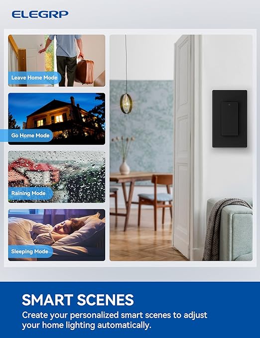 ELEGRP Smart Light Switch, 2.4GHz Wi-Fi Light Switch Compatible with Alexa & Google Assistant, Neutral Wire Required, APP Control and Timer Schedule, UL Certified, Single Pole/3 Way, Black, 10 Pack