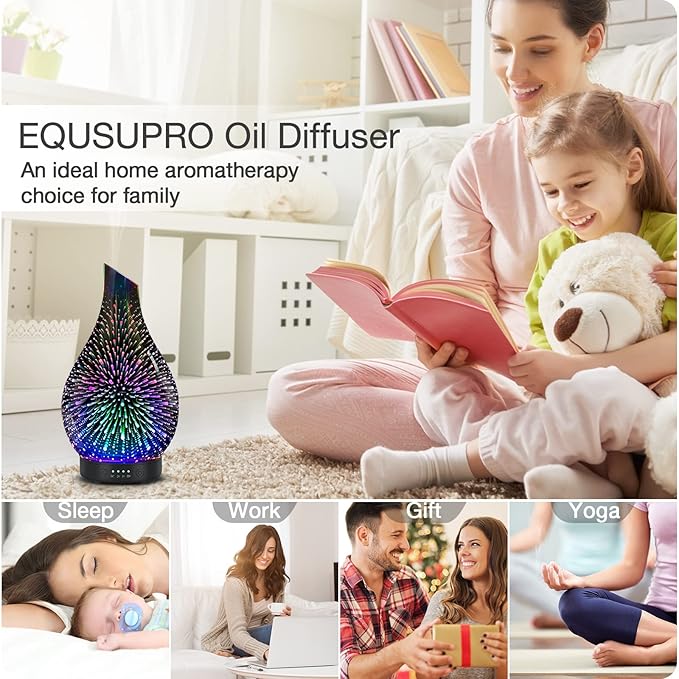 Essential Oil Diffuser 120ml Ultrasonic Aromatherapy Diffuser with Handmade Glass with Auto Shut-Off Protection 4 Timer Setting 7 Colors Changed LED Diffuser for Home Yoga Office Gifts for Women