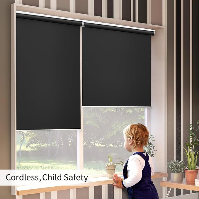 GENIMO 100% Blackout Roller Window Shades, Window Blinds Cordless with Thermal Insulated, UV Protection Fabric, Mini French Door Blinds for Home, Office, Bedroom, Easy to Install, Black, 39" W X 72" H