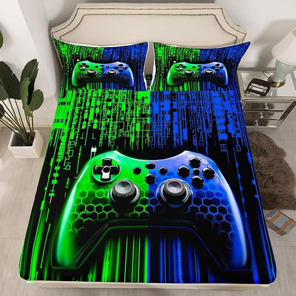 Gamepad Kids Sheet Full Size,Modern Videogame Gaming Controller Bedding Set,Boys Girls Room Decor,Geometric Honeycomb Hexagon Blue Green Fashion Bed Sheet Set 4pcs(Fitted + Flat + 2 Pillowcases)