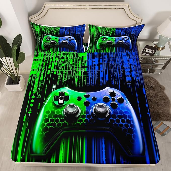 Gamepad Kids Sheet King Size,Modern Videogame Gaming Controller Bedding Set,Boys Girls Room Decor,Geometric Honeycomb Hexagon Blue Green Fashion Bed Sheet Set 4pcs(Fitted + Flat + 2 Pillowcases)