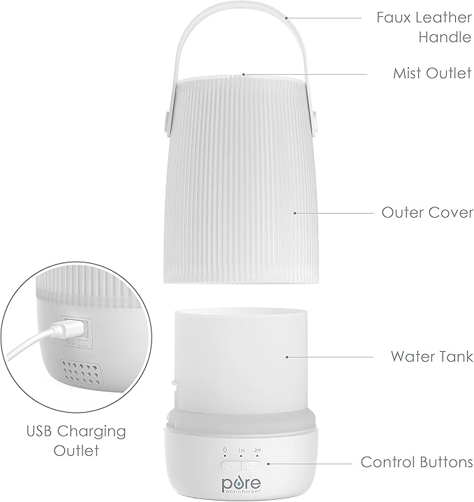 Pure Enrichment PureSpa Zen Cordless Essential Oil Diffuser & Light - Portable Travel-Friendly Aroma Diffuser Lasts 7.5 Hrs, Optional Mood Light, 2 Mist Settings, Optional Timer, & Auto Shut-Off
