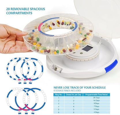28-Day Automatic Pill Dispenser with Alarm for Elderly, Sound & Light Alerts, Easy-Read Display, 6 Dosage Templates, Locked Frosted Lid Medication Dispenser for Protecting Pills Privacy