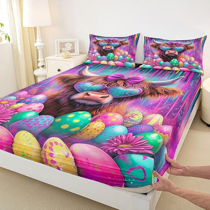 Highland Cow Bed Sheet Queen Size Happy Easter Eggs Cartoon Bedding Set Funny Animal Farmhouse Fitted Sheet Kids Boys Girls Room Decor Purple Colorful Soft Sheets with 2 Pillowcase,No Top Flat