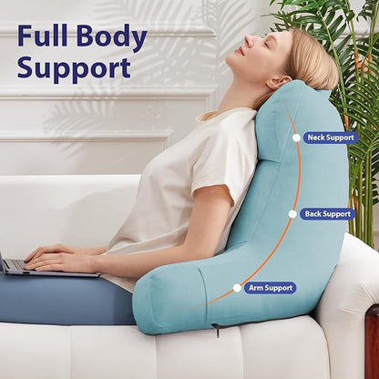 Back Pillow for Bed Sitting up, Reading Pillow for Sitting in Bed Adult, Back Support Pillow, Memory Foam Sit up Lounge Backrest Pillow with Arms for TV, Couch, Chair, Dorm, 24 Inch, Lake Blue