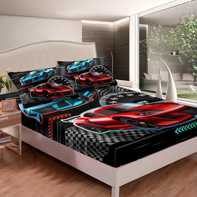 Racing Car Bedding Set Twin Size Extreme Sports Theme Bed Set for Teens Bedroom Decor Kids Sheet Microfiber Colorful Sports Car Bed Cover(1 Fitted Sheet+1 Pillow Case)