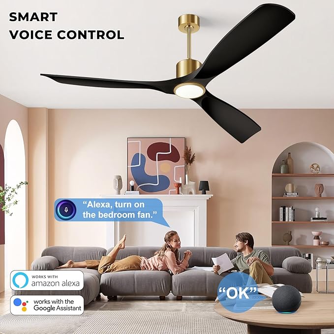 60" Smart Ceiling Fan with Lights,Outdoor Ceiling Fan Work with Alexa/Gg/App/Remote,3-Color Light Dimmable 6-Speed Quiet Reversible for Patio Porch Bedroom,Black and Gold