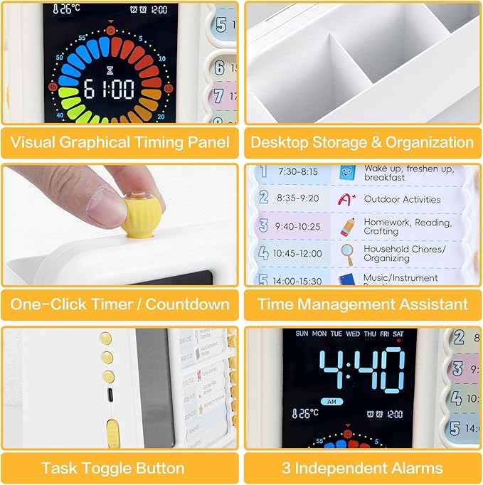 12/24 Hour Switching Task Timer, Timer for Kids, Visual Schedule for Kids with Autism, Visual Schedule for Kids, Time Management Tools, Autism Increase Self-Regulation, with 99-Minute Countdown