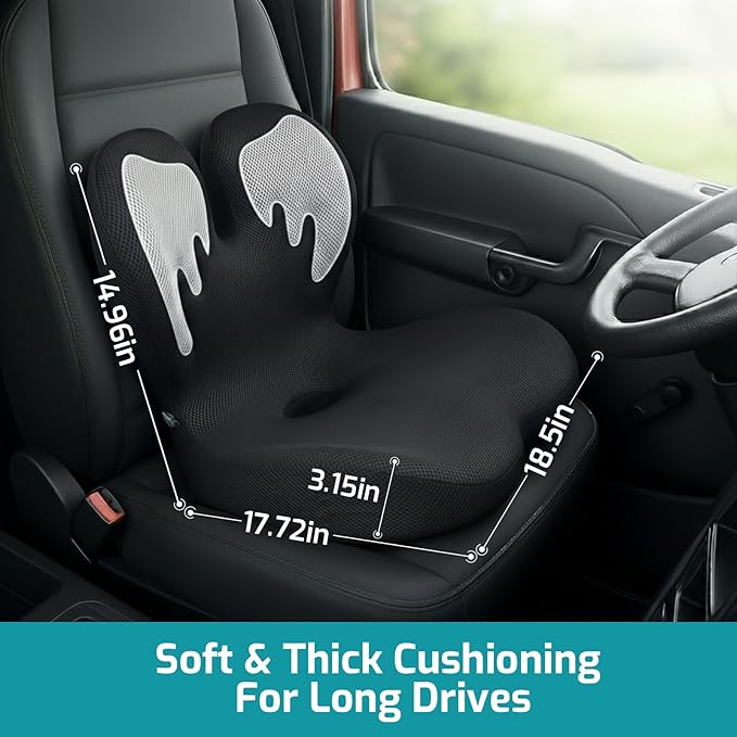 Trucker Seat Cushion, Car Seat Cushion Memory Foam Ergonomic Lumbar & Tailbone Support Pillow for Hemorrhoid, Coccyx & Sciatica Relief, for RV, SUV, Office Chair, Wheelchair (White Wings)