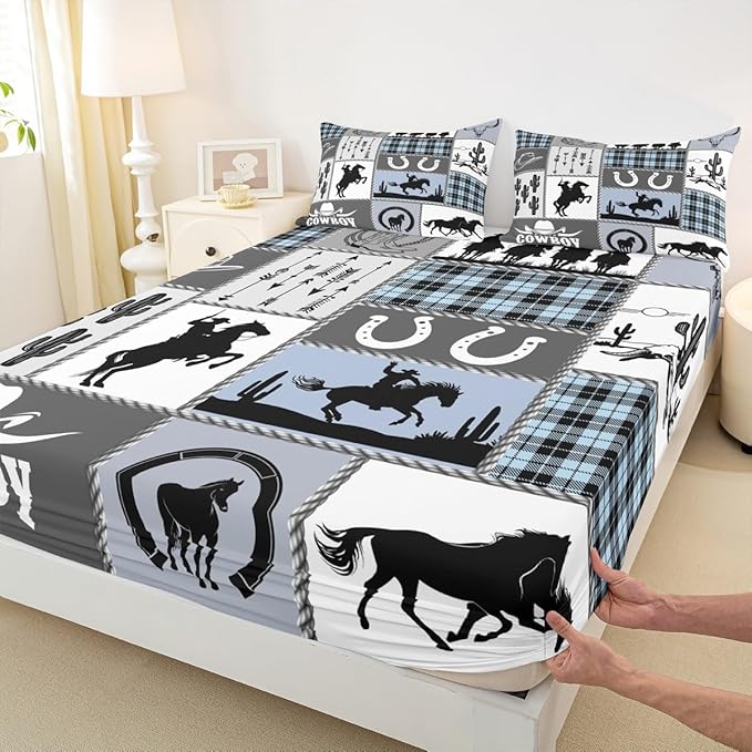 Western Cowboy Kids Sheet Full Size,Horseshoes Cactus Rustic Farmhouse Bedding Set,Boys Girls Adults Room Decor,Arrow Geometric Plaids Blue Retro Bed Sheet Set 4pcs(Fitted + Flat + 2 Pillowcases)