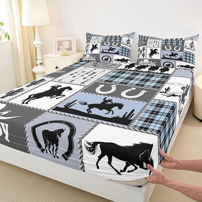 Western Cowboy Kids Sheet Full Size,Horseshoes Cactus Rustic Farmhouse Bedding Set,Boys Girls Adults Room Decor,Arrow Geometric Plaids Blue Retro Bed Sheet Set 4pcs(Fitted + Flat + 2 Pillowcases)