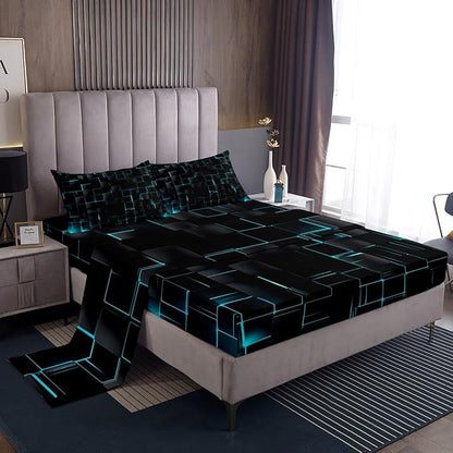 Manfei Abstract Sheet Set Queen Size, Modern Geometric Square Grid Bedding Set for Kids Boys Girls Adults, Blue and Black Bed Sheet Set 4pcs with Deep Pocket Fitted Sheet + Flat Sheet + 2 Pillowcases