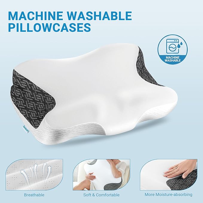 Elviros Cervical Neck Pillow for Neck Pain Relief, CPAP Pillow for Side, Back & Stomach Sleepers, Ergonomic Orthopedic Pillow for CPAP Users to Reduce Air Leaks and Mask Pressure, White