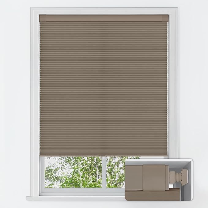 LazBlinds No Tools No Drill Cordless Cellular Shades, Light Filtering Honeycomb Shades for Home, Thermal Insulation Blinds for Windows, 20" W x 48" H, Taupe