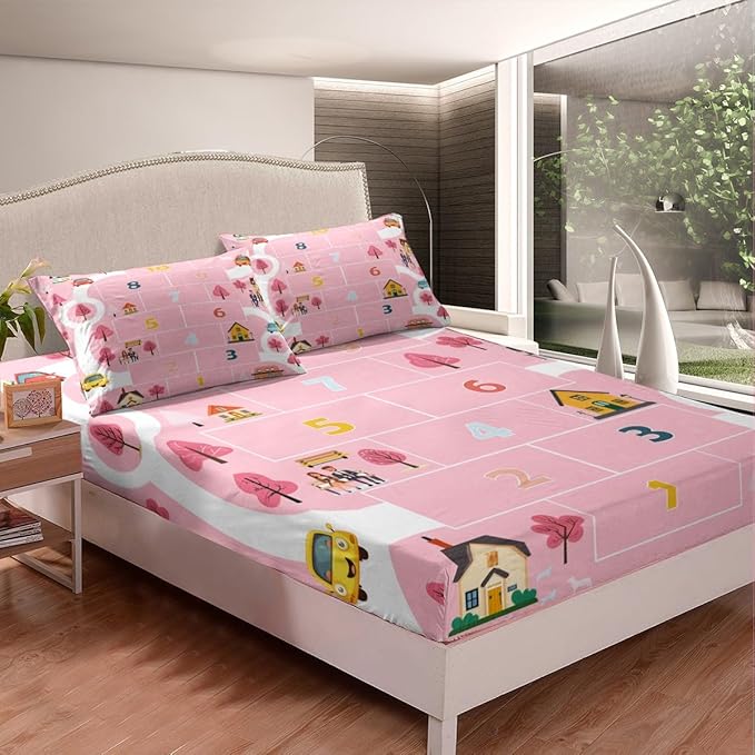 Kids Digital Graffiti Fitted Sheet Queen,Pink Girly Style Cartoon House Trees Bed Sheet 3 Pieces Fits Mattress(No Flat Sheet),Ctiy Road Cartoon Car Fabric Bedding All-Round Elastic Pocket