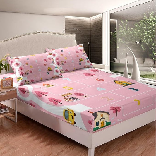 Kids Digital Graffiti Fitted Sheet Queen,Pink Girly Style Cartoon House Trees Bed Sheet 3 Pieces Fits Mattress(No Flat Sheet),Ctiy Road Cartoon Car Fabric Bedding All-Round Elastic Pocket
