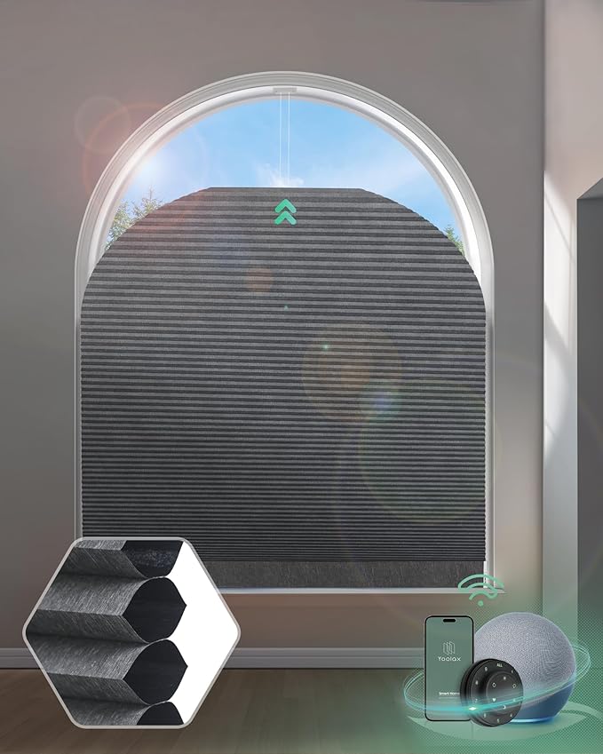 Yoolax Smart Cellular Shades, Motorized Elongated Arch Honeycomb Blind Motorized Blinds with Remote Compatible with Alexa, Customized Elongated Arch Cellular Shades (Blackout Texture Dark Grey)