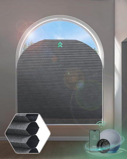 Yoolax Smart Cellular Shades, Motorized Elongated Arch Honeycomb Blind Motorized Blinds with Remote Compatible with Alexa, Customized Elongated Arch Cellular Shades (Blackout Texture Dark Grey)