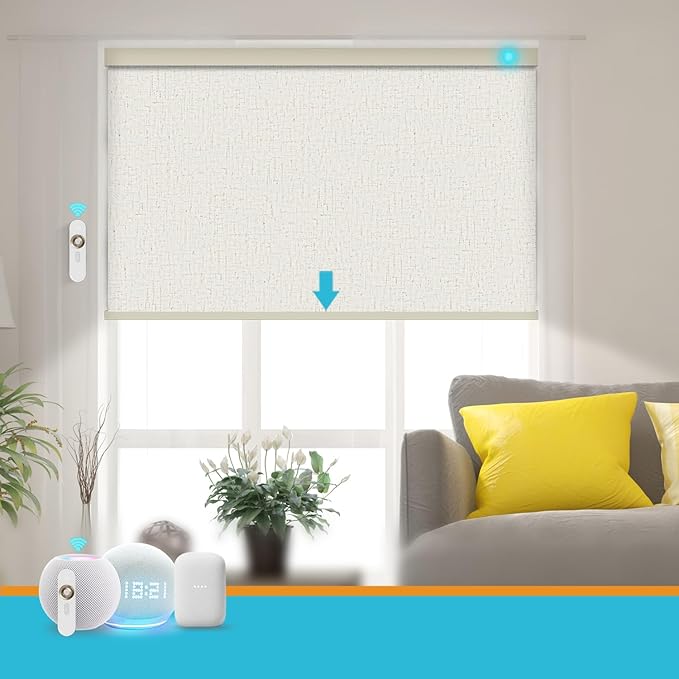 Motorized Blinds with Remote, 100% Blackout Smart Blind Roller Shades Compatible with Alexa Homekit, Automatic Electric Shades for Windows Customized Size（Linen Cream）