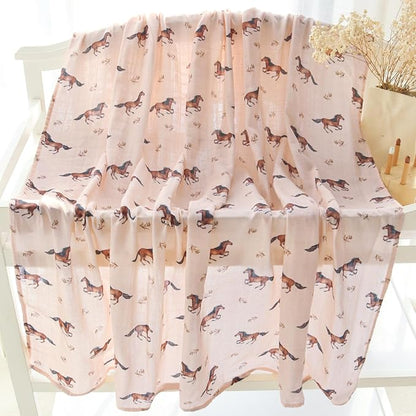 LifeTree Baby Swaddle Blankets, Muslin Swaddle Blankets Boys Girls Swaddling Wrap Receiving Blanket for Newborn, 70% Viscose Bamboo and 30% Cotton, Large 47" x 47", Horse Pattern