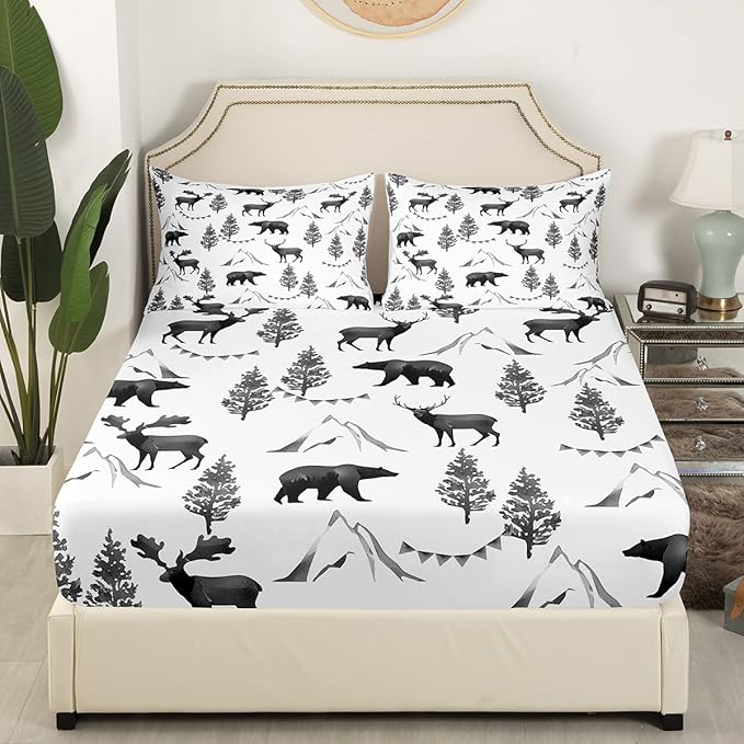 Rustic Bear Deer Kids Fitted Sheet Full Size,Pine Trees Mountain Animals Rustic Farmhouse Bedding Set,Boys Girls Room Decor,Hunting Adventure Camper Bed Cover,RV Bed Sheet,2 Pillowcases
