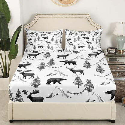 Rustic Bear Deer Kids Fitted Sheet Twin Size,Pine Trees Mountain Animals Rustic Farmhouse Bedding Set,Boys Girls Room Decor,Hunting Adventure Camper Bed Cover,RV Bed Sheet,1 Pillowcase