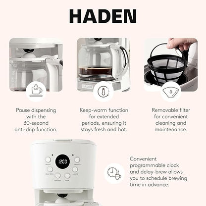 HADEN Coffee Machine, 12 Cup Programmable Drip Coffee Maker, Ivory & Chrome