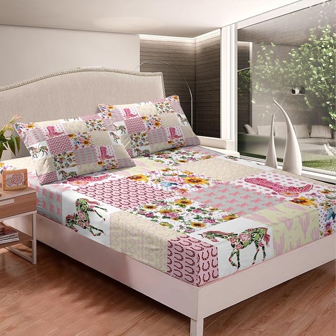 Cowgirl Boots Fitted Sheet Queen Size Western Cowboy Floral Horse Horseshoe Rustic Farmhouse Bedding Sheet Set,Retro Pink Lattice Patchwork Bed Cover Ultra Soft Breathable Bedding 3 Pcs